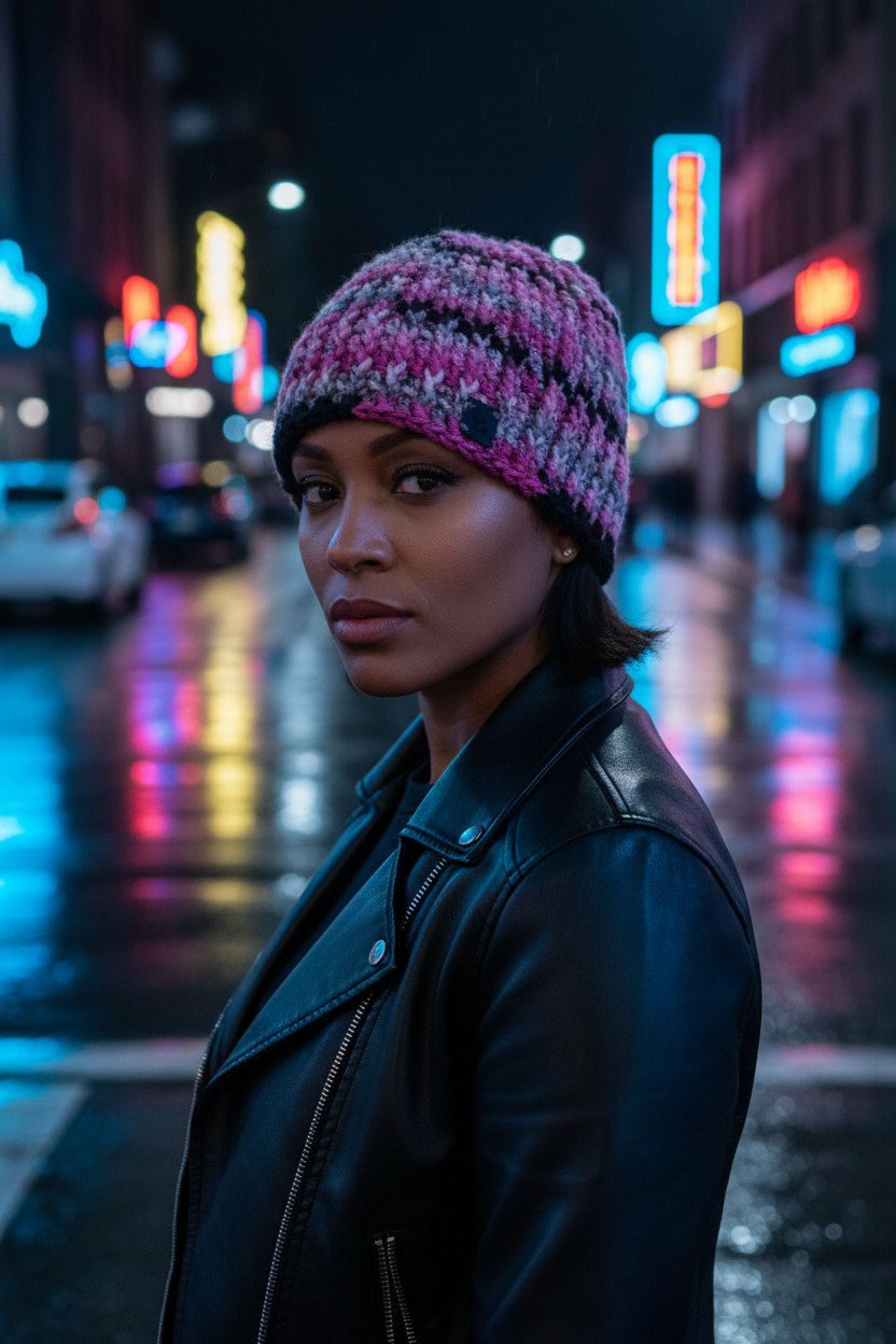 Woman wearing a colorful crochet hat on a neon-lit city street at night.