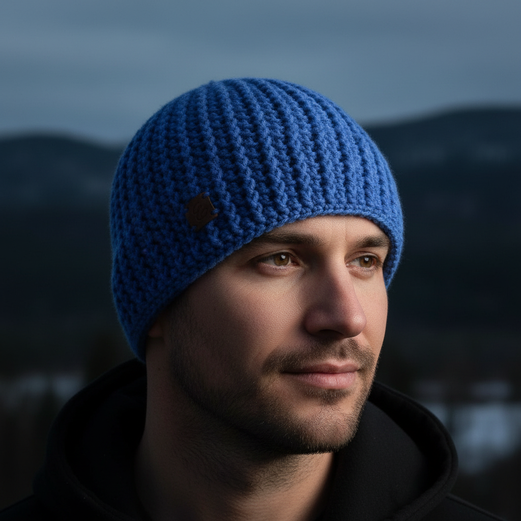 Blue Sky ribbed crochet skull cap skull hugger  beanie worn in dark moody winter portrait emphasizing structured cold-weather fit