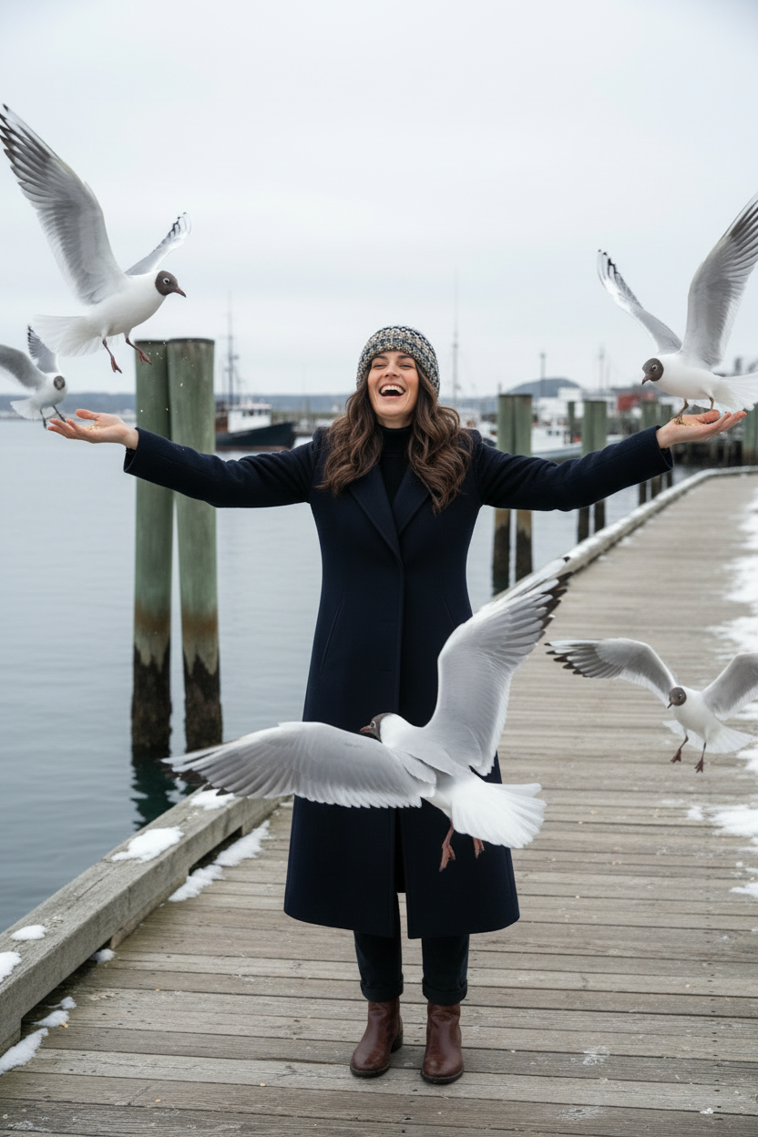 A woman stands on a wooden dock with her arms outstretched, surrounded by flying seagulls. She is wearing a long dark navy coat, a patterned crochet beanie, and brown ankle boots.