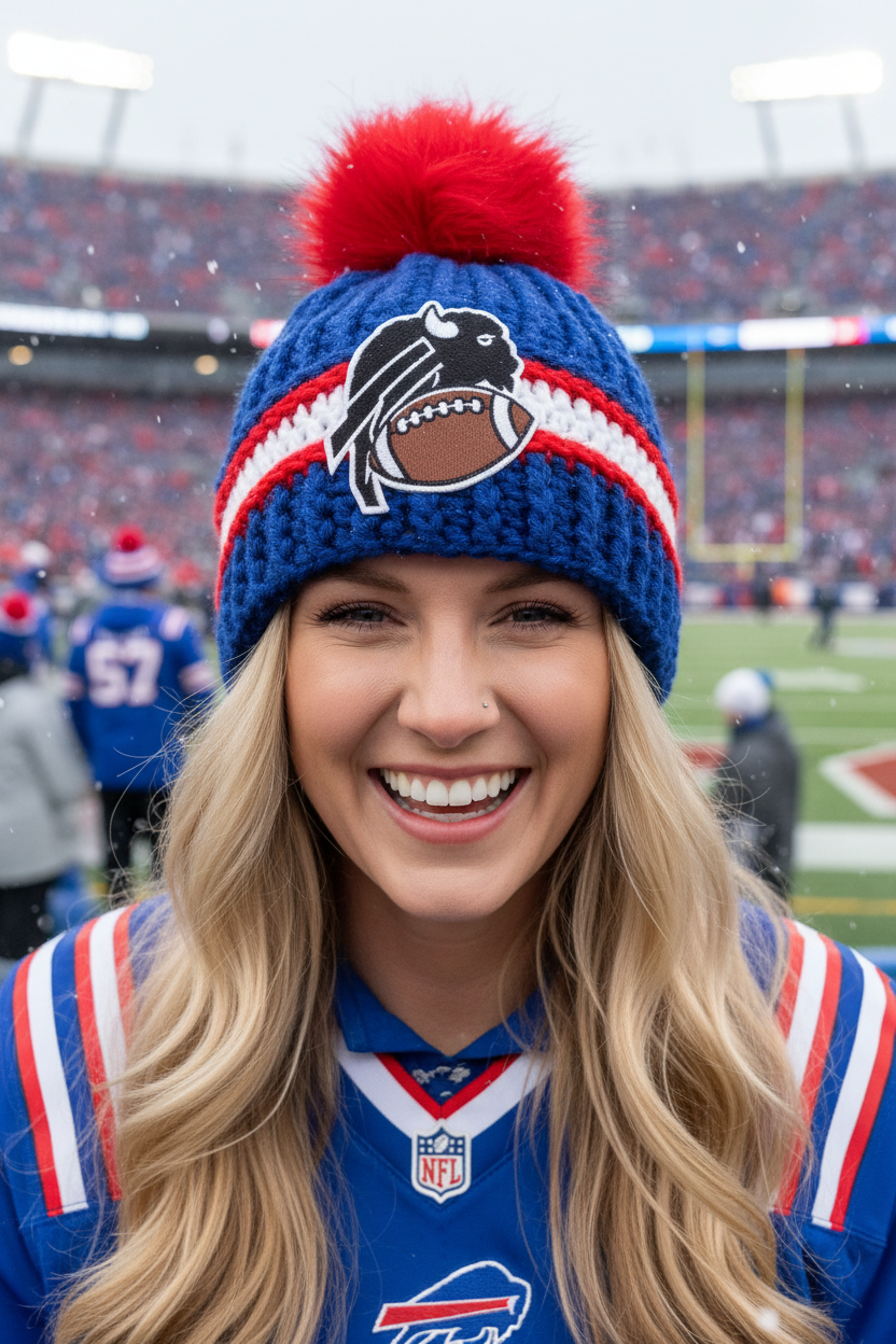 A smiling blonde woman at a football stadium wearing a blue crochet beanie with a red pom-pom, red and white stripes, and a buffalo head logo, along with a blue jersey.