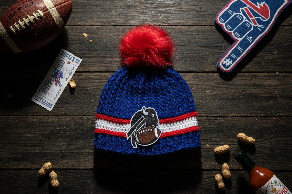 A blue crochet beanie with a red and white stripe and a black-and-brown raven football patch, styled on a dark wood surface with a football, foam finger, peanuts, and a Buffalo Bills ticket around it.