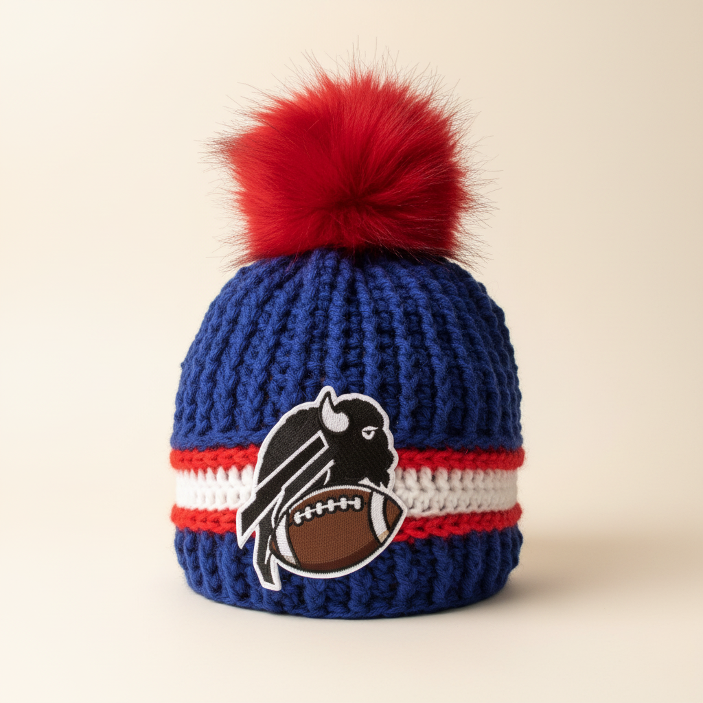 A blue crochet beanie hat with a red and white pom-pom on top, featuring a horizontal red and white stripe and a buffalo football patch on the front, set against a plain beige background.