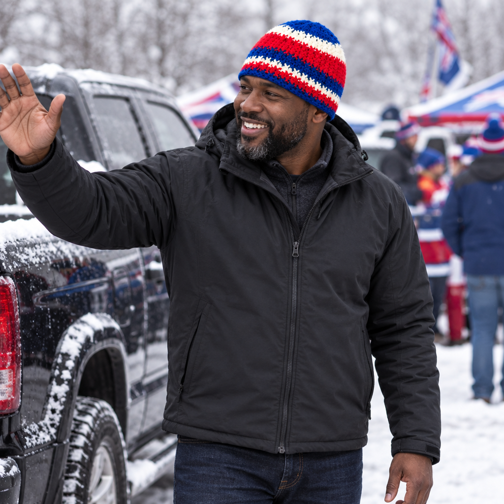 Buffalo Colorway™ No. 06 red, white and royal blue Normal Noggin Skull Hugger™ crochet winter beanie worn by a Buffalo football fan at a snowy game-day tailgate.