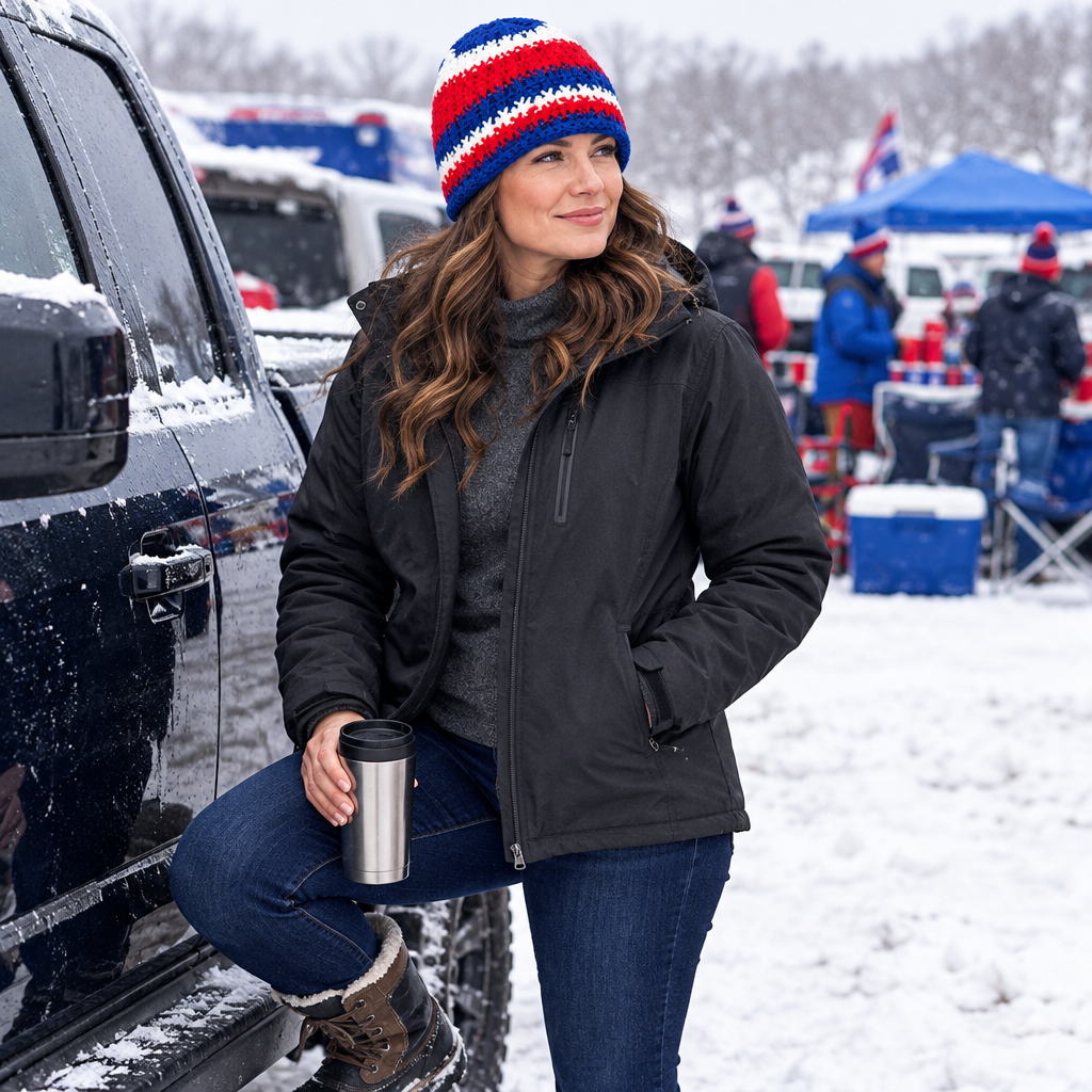 Buffalo Colorway™ No. 06 red, white and royal blue Normal Noggin Skull Hugger™ beanie worn at a snowy football tailgate.