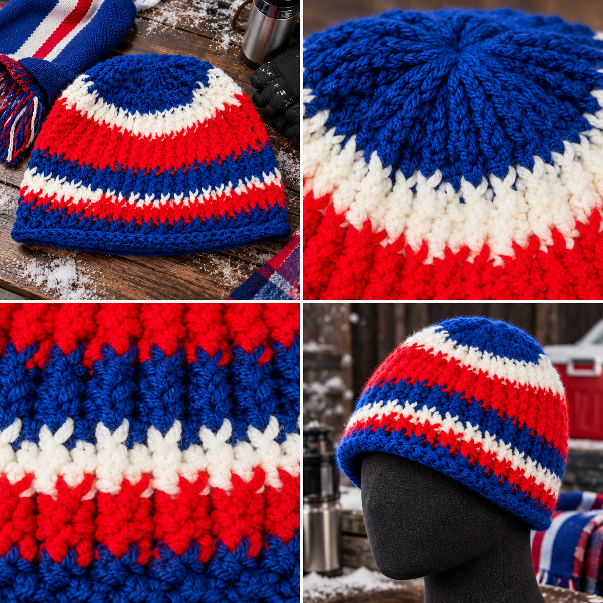 Buffalo Colorway™ No. 06 handmade red, white and royal blue Normal Noggin Skull Hugger™ crochet winter beanie shown in flat lay, crown detail, crochet stitch close-up and mannequin views.