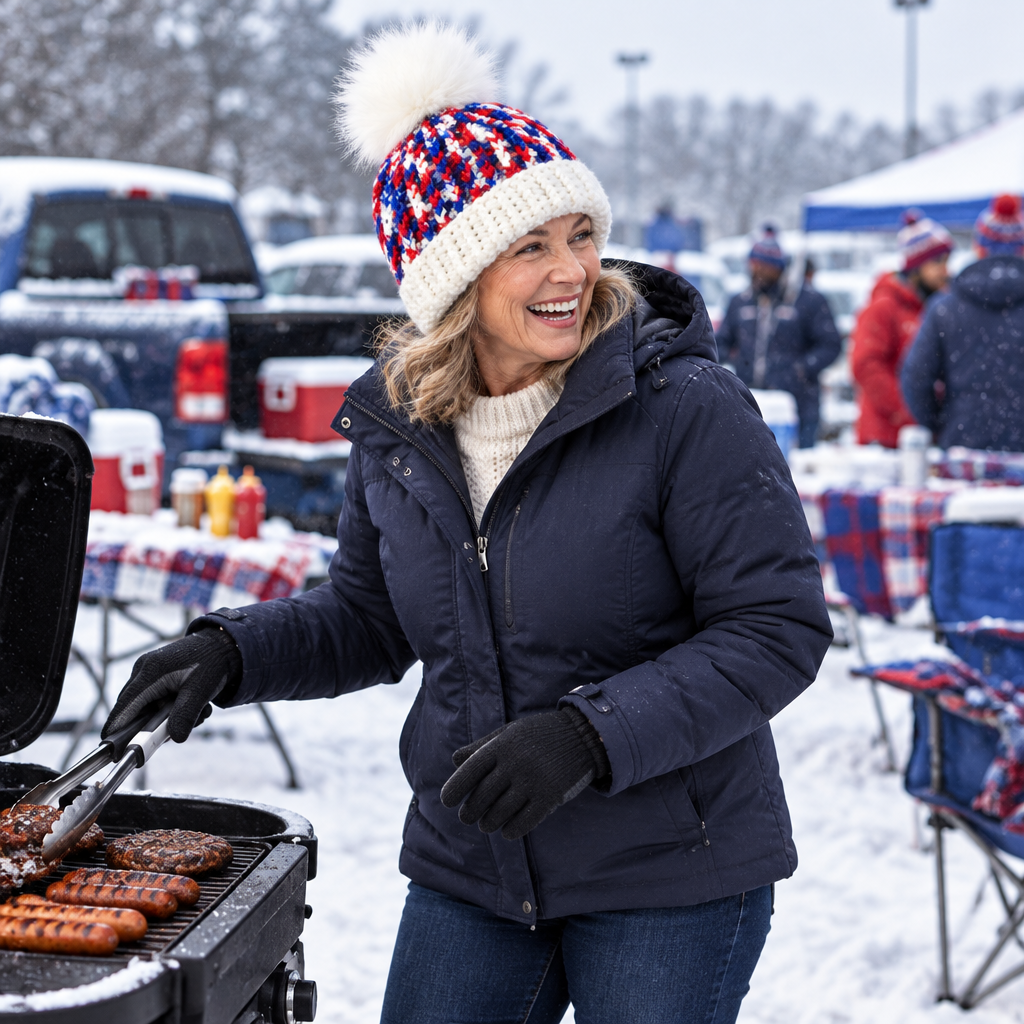 Woman wearing Buffalo Colorway™ No. 07 while grilling at a snowy game-day tailgate.