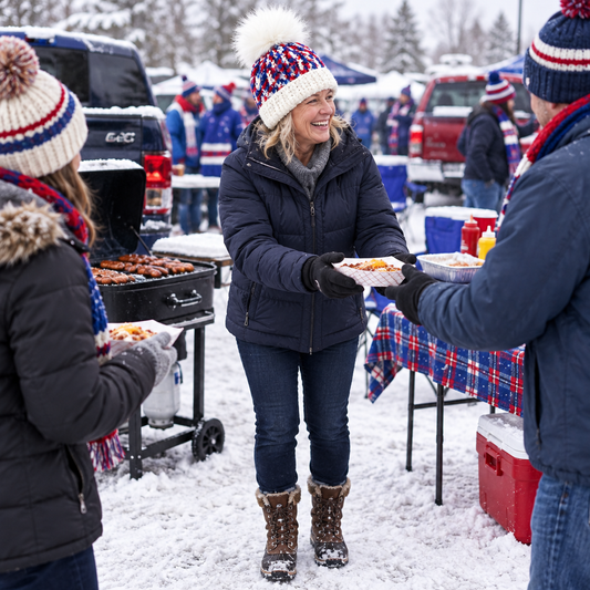 Woman wearing Buffalo Colorway™ No. 07 while handing food across a snowy football tailgate.