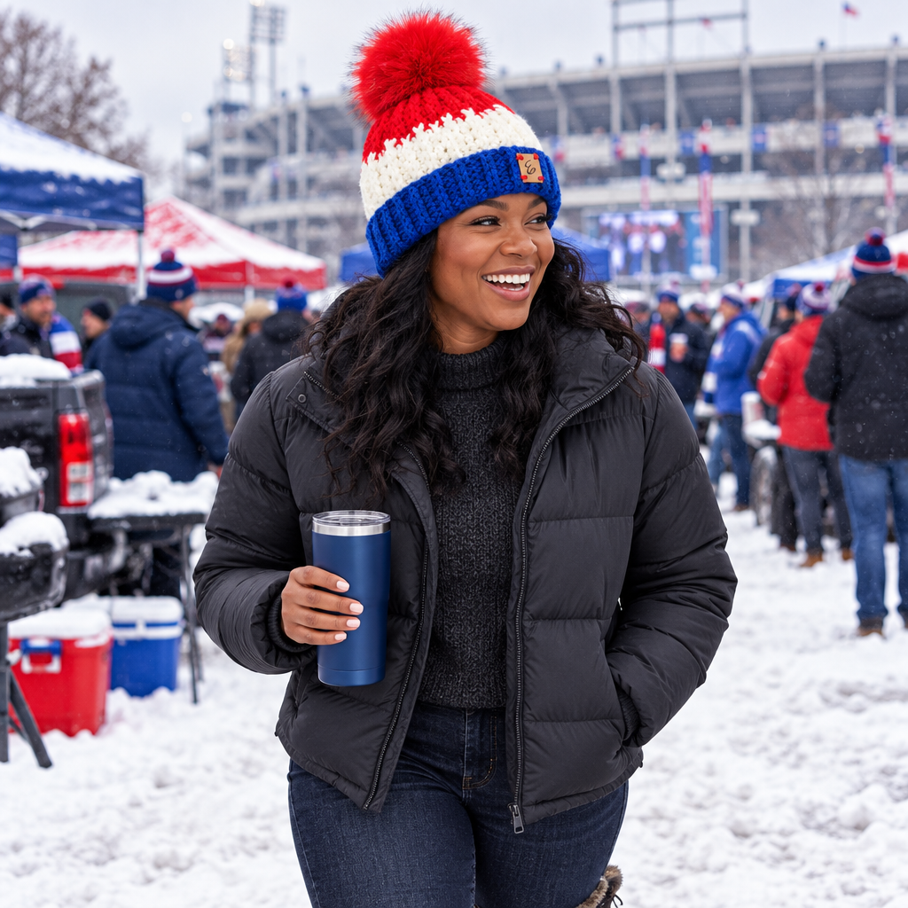 Woman wearing Buffalo Colorway™ No. 08 at a snowy football tailgate.