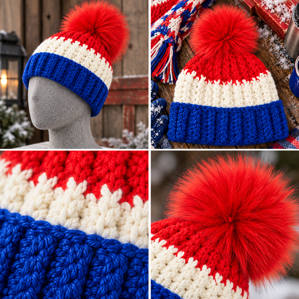 Buffalo Colorway™ No. 08 shown on a gray felt mannequin with flat lay, crochet stitch and oversized red pom details.