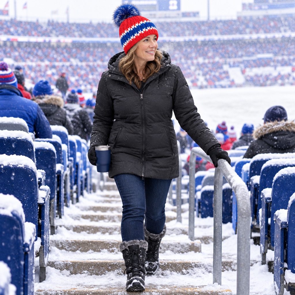 Woman wearing Buffalo Colorway™ No. 09 while cheering at a snowy football game.