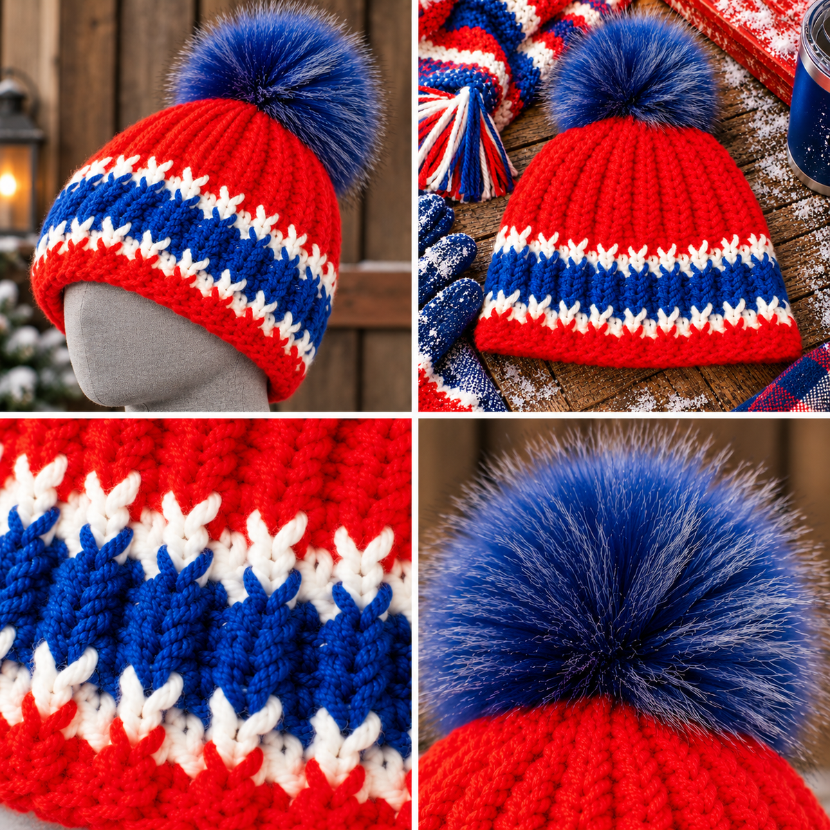 Buffalo Colorway™ No. 09 shown on a gray felt mannequin with flat lay, crochet stitch and oversized blue pom details.