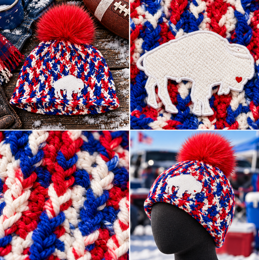 Buffalo Colorway™ No. 3 handmade red, white and royal blue crochet beanie for Buffalo Bills fans, shown with buffalo patch, Therma Crown™ stitch detail and mannequin view.