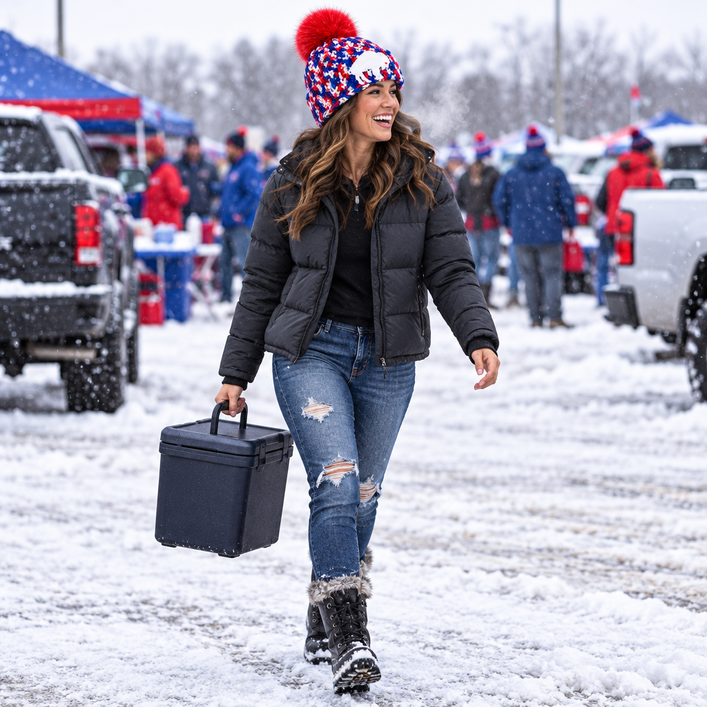 Buffalo Colorway™ No. 3 red, white and royal blue crochet winter beanie with buffalo patch and red faux-fur pom, shown worn at a cold-weather football tailgate.