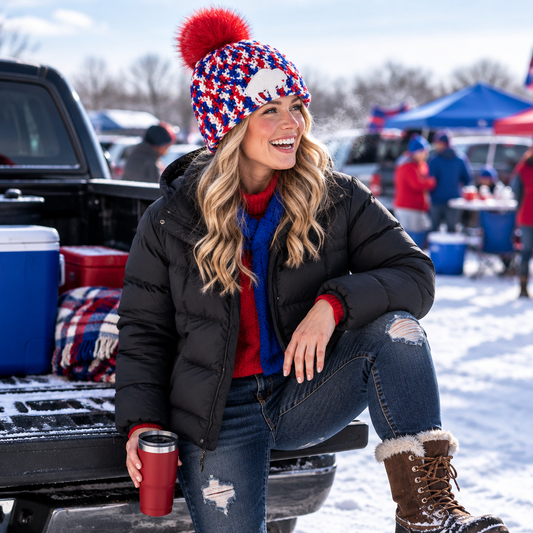 Buffalo Colorway™ No. 3 handmade red, white and royal blue winter beanie with oversized red faux-fur pom and white buffalo heart patch.