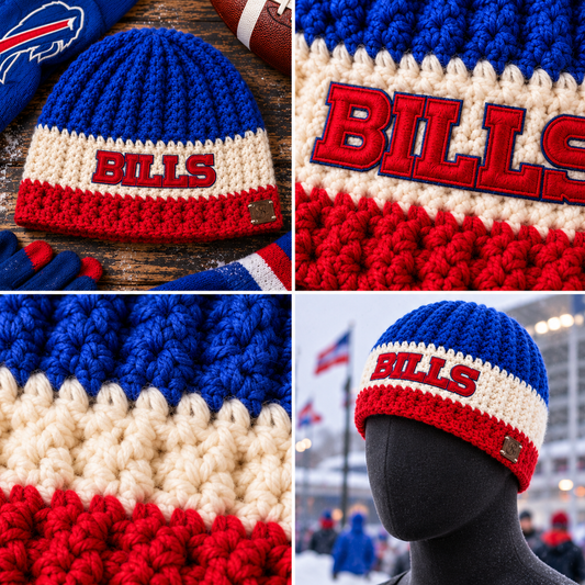 Buffalo Colorway™ No. 4 Big Noggin crochet beanie shown in four views with red BILLS patch, red cream and royal blue stitch detail, flat lay and mannequin view.