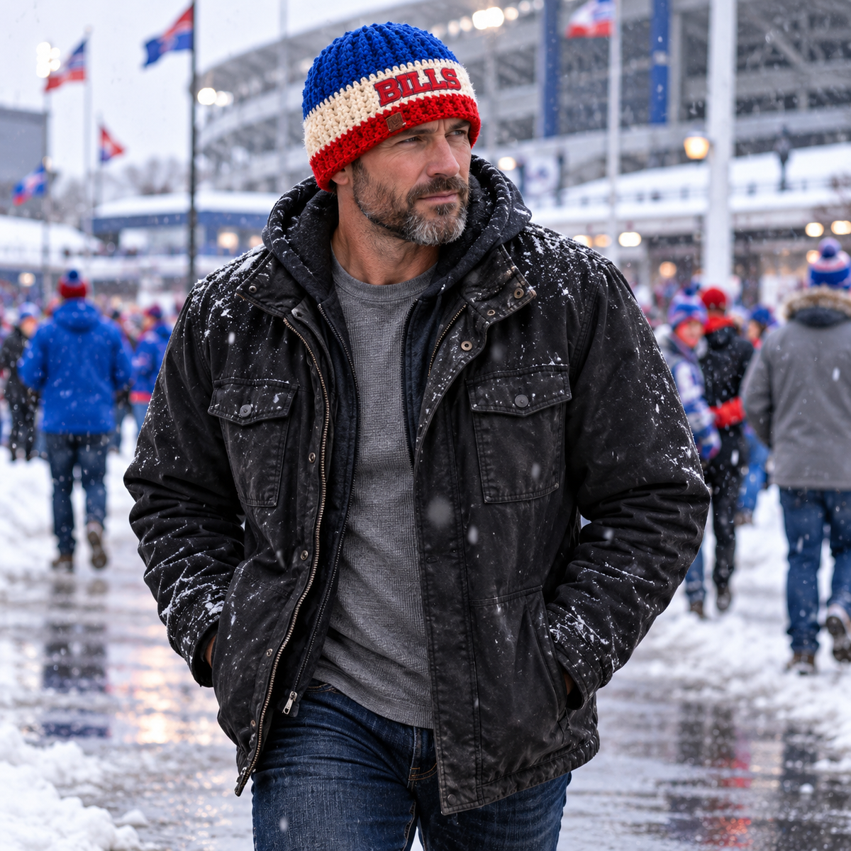 Buffalo Colorway™ No. 4 red, white and royal blue Big Noggin crochet winter beanie with hand-stitched BILLS patch, shown worn on a snowy football game day.