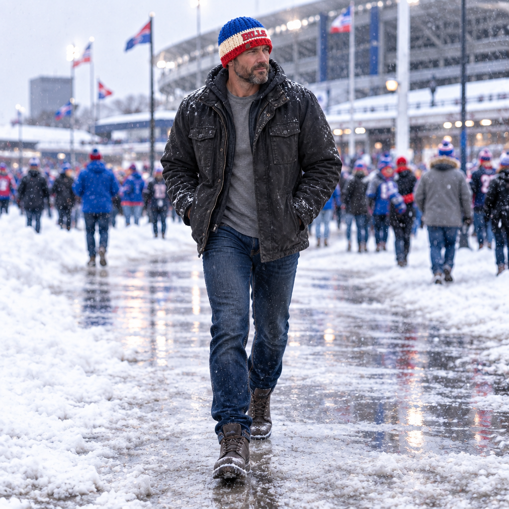 Buffalo Colorway™ No. 4 red, cream and royal blue Big Noggin crochet beanie with hand-stitched BILLS patch, shown worn by a Buffalo football fan walking to the stadium in snow.