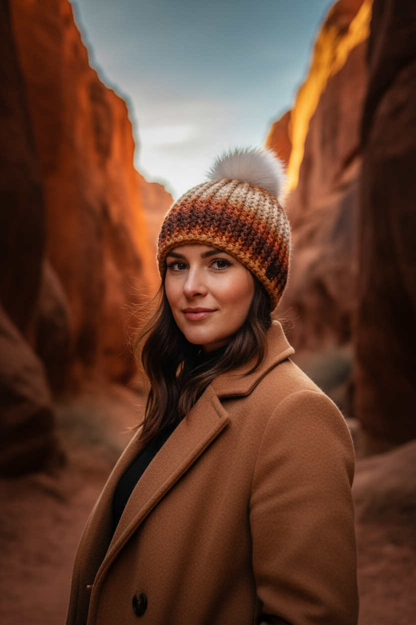 Woman wearing Canyon Glow crochet ribbed beanie in warm ombre sunset tones with white faux fur pom outdoors in canyon setting.