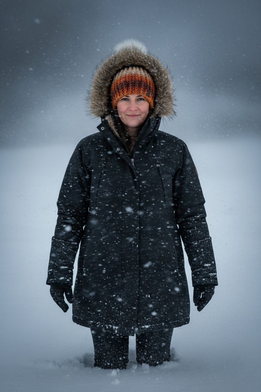 Woman wearing Canyon Glow hand-crocheted ribbed beanie in falling snow.