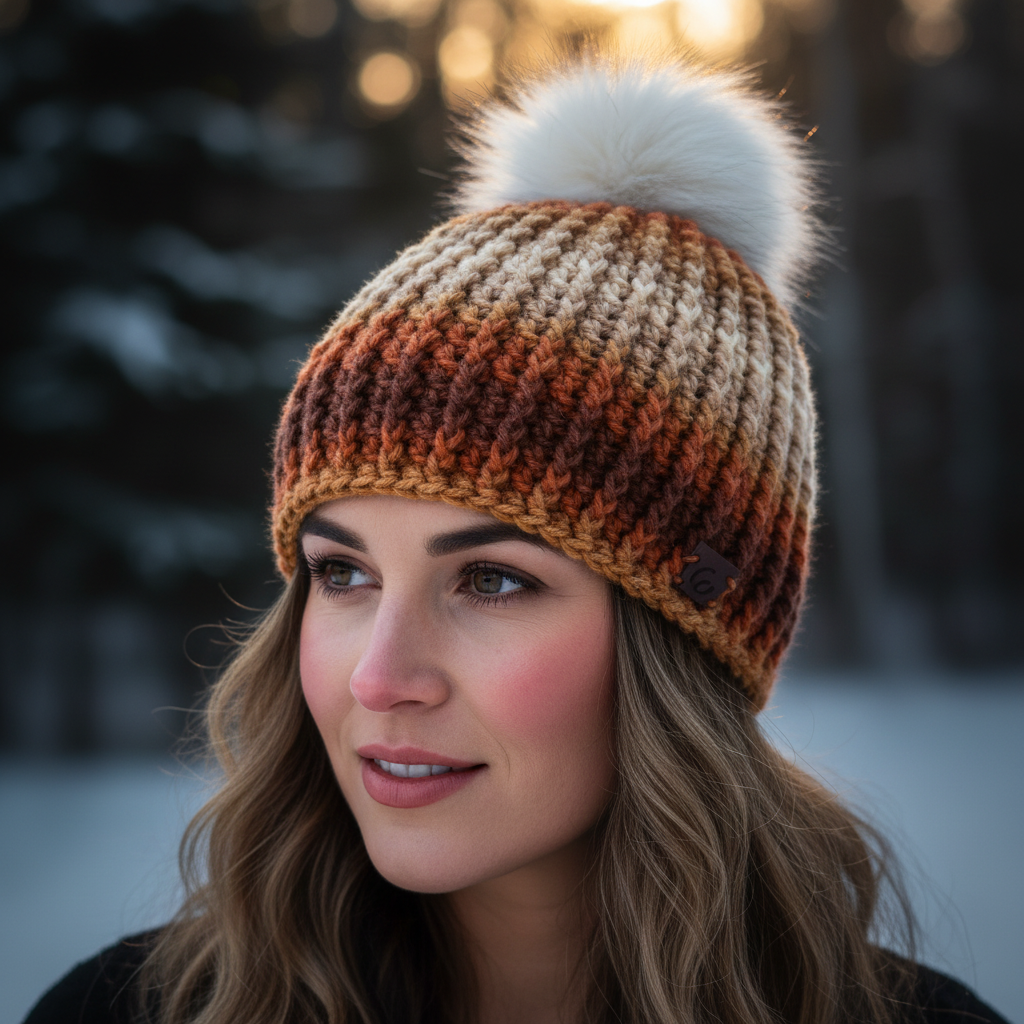 Woman wearing Canyon Glow crochet ribbed beanie in warm ombre sunset tones with white faux fur pom outdoors in winter.
