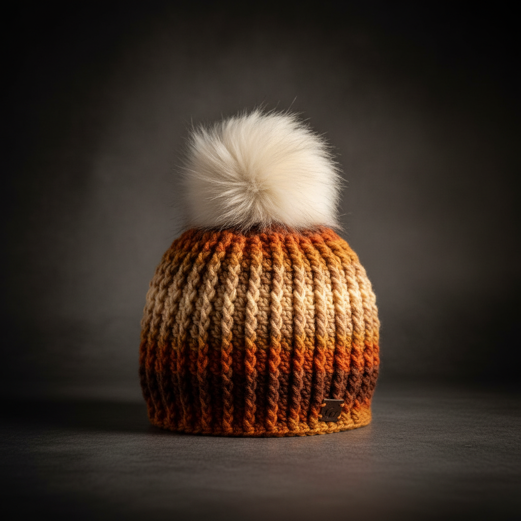 Canyon Glow hand-crocheted ribbed beanie showing pronounced vertical channels and white faux fur pom.