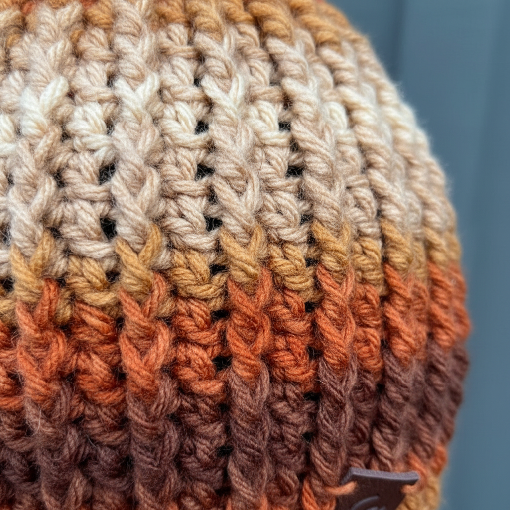 Close-up of Canyon Glow hand-crocheted ribbed beanie showing pronounced vertical columns and chunky stitch definition in warm gradient tones.