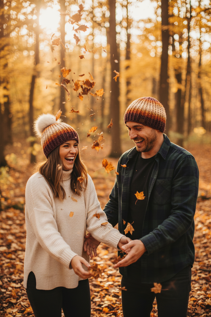 matching crochet beanie set worn by couple in winter setting showing coordinated colors and individual style