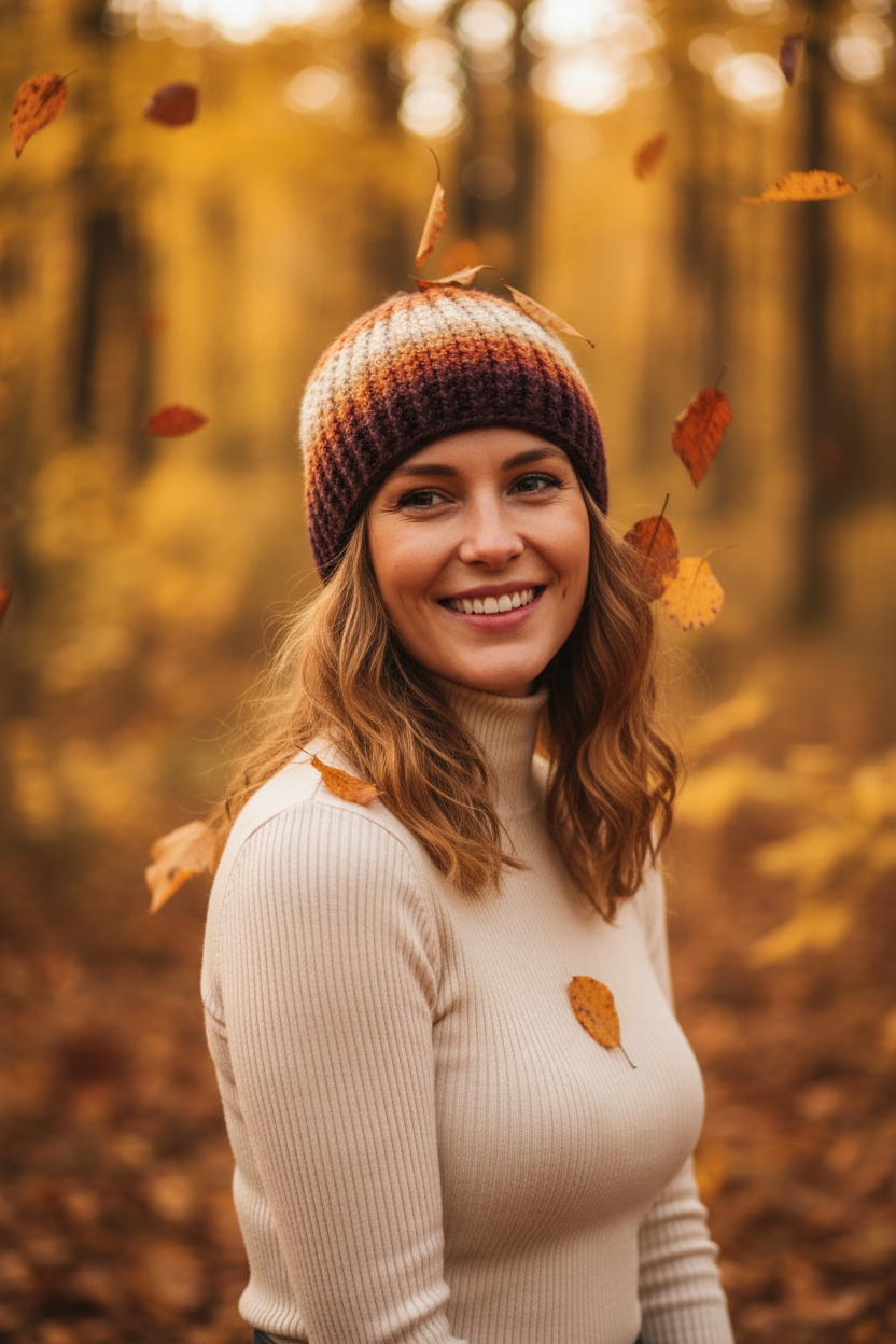 crochet skull cap no brim skull hugger in canyon desert tones worn close to head showing ribbed texture in dry cold outdoor setting