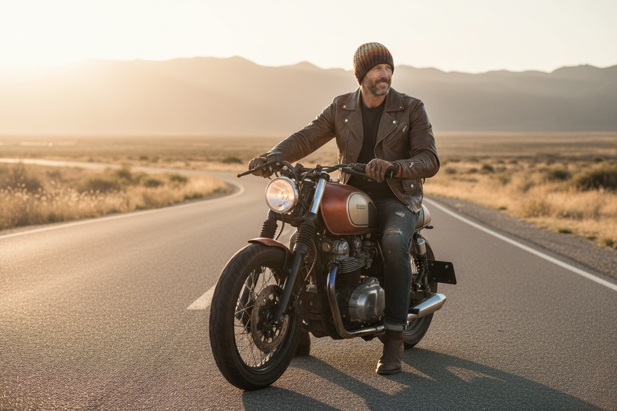 Canyon Glow crochet skull cap worn outdoors during cold-weather motorcycle ride