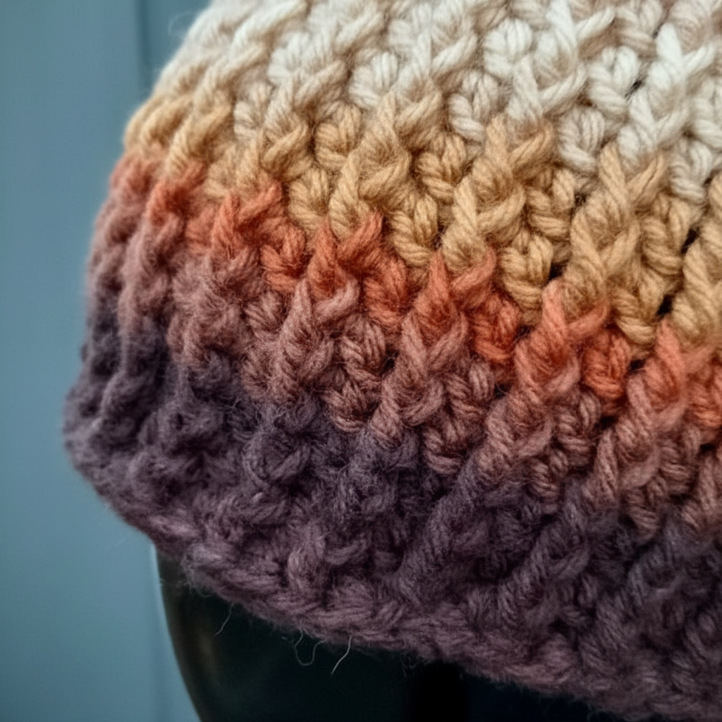 Close up of Canyon Glow crochet skull cap highlighting dense ribbed winter stitch detail