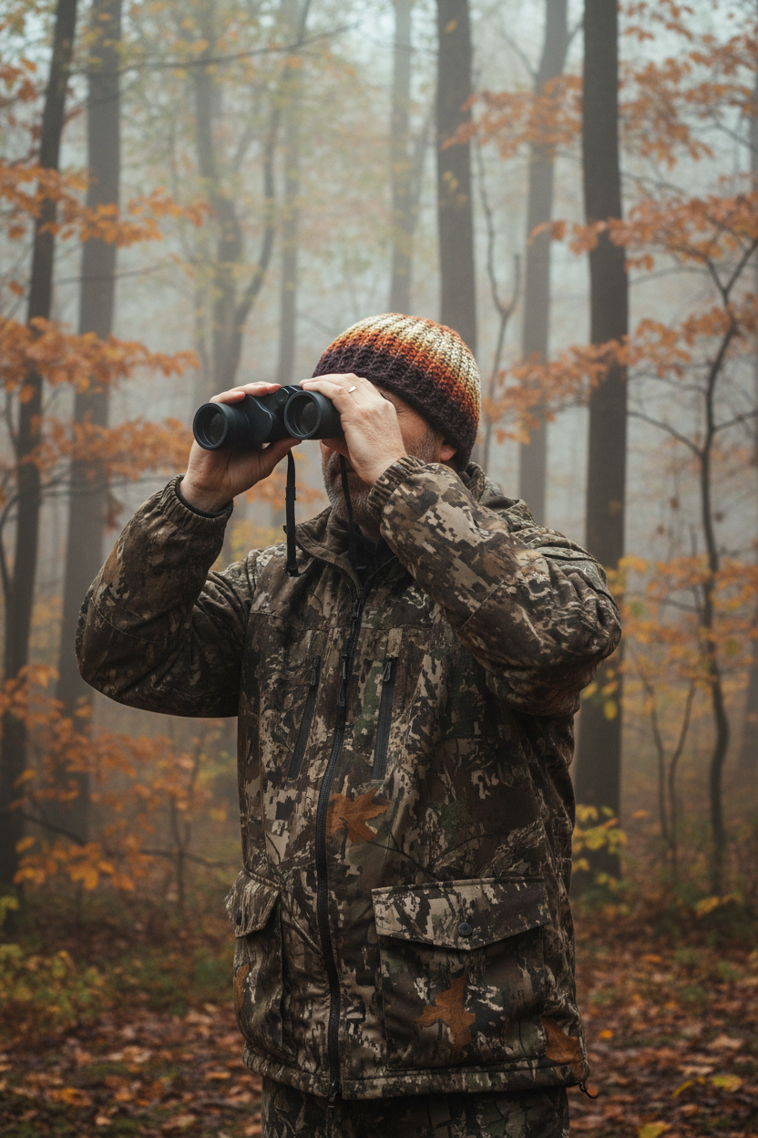 Canyon Glow crochet skull cap worn outdoors in cold-weather hunting terrain