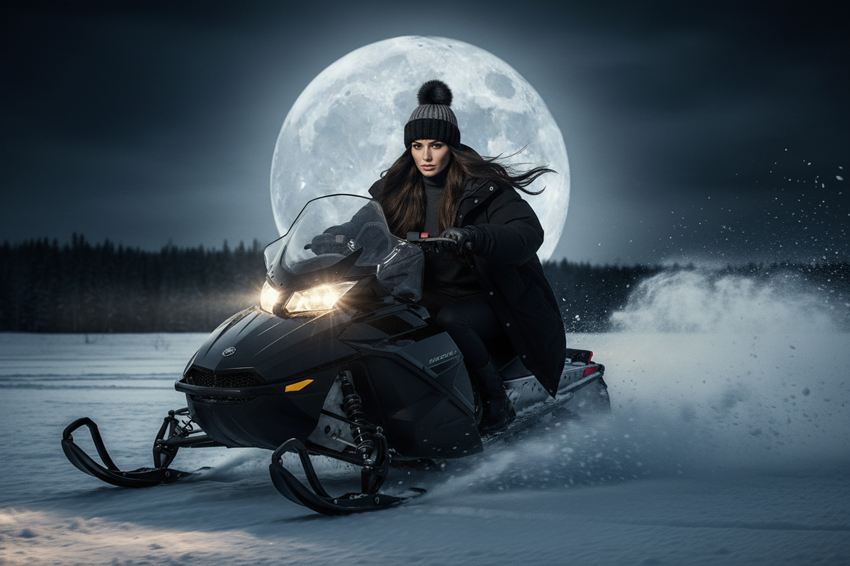 A woman riding a black snowmobile across a snowy night landscape, with a large full moon in the background and spray of snow around the machine wearing a black and grey crochet beanie