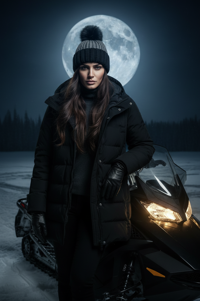 A woman in a black winter puffer jacket, crochet beanie with pom-pom, and black gloves stands beside a snowmobile at night under a large full moon.
