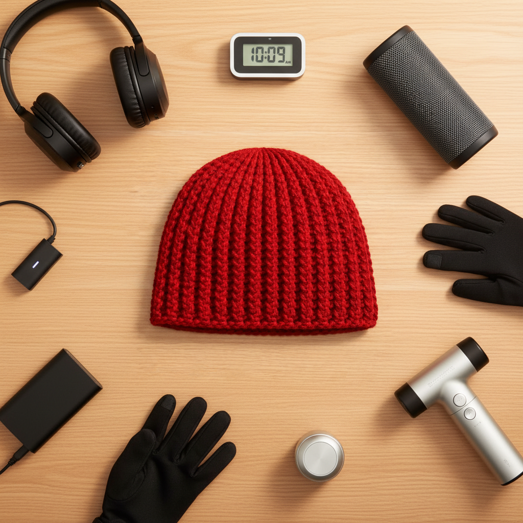 Crimson Steel extra toasty beanie in a store displayed flat with gadgets 