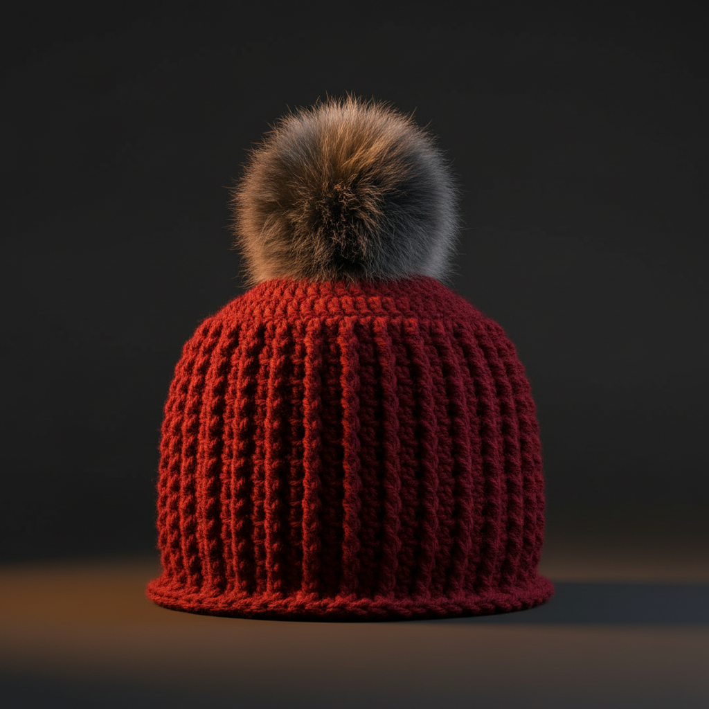 Red crochet beanie with a fur pom-pom on a dark background