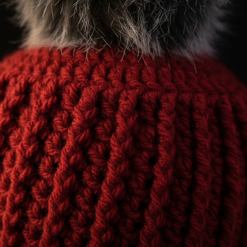 Close-up of a red crochet fabric with gray fur trim on a dark background