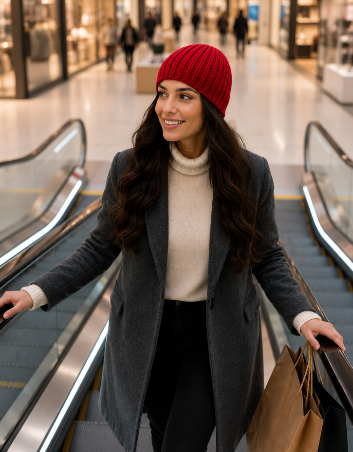 Female Model wearing a deep red crochet beanie riding on an escalator in a mall carrying shopping bags