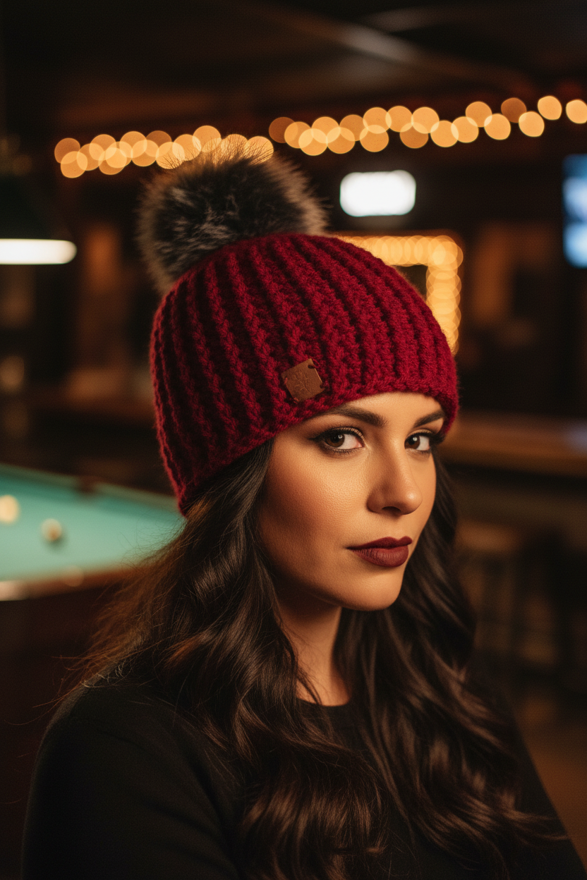 Woman wearing a red crochet beanie with a pom-pom in a dimly lit indoor setting.