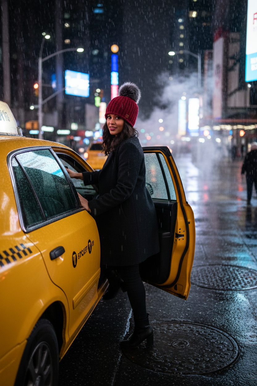 Woman getting into a yellow taxi in a city street at night during snowfall