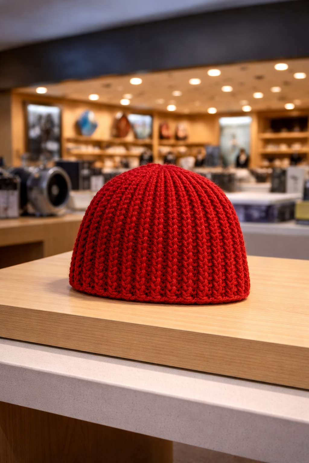 Red crochet beanie on a wooden surface with a blurred store interior in the background