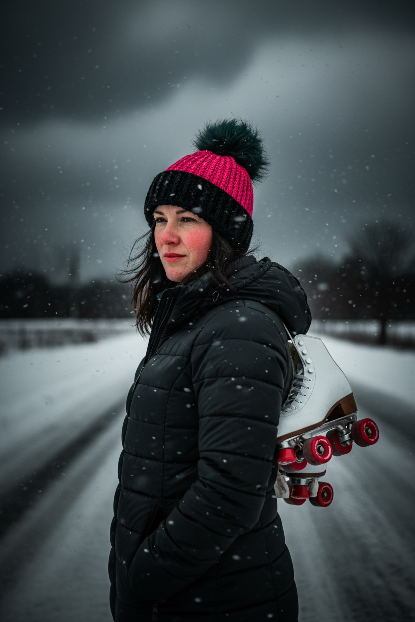 Person holding a roller skate in a snowy landscape