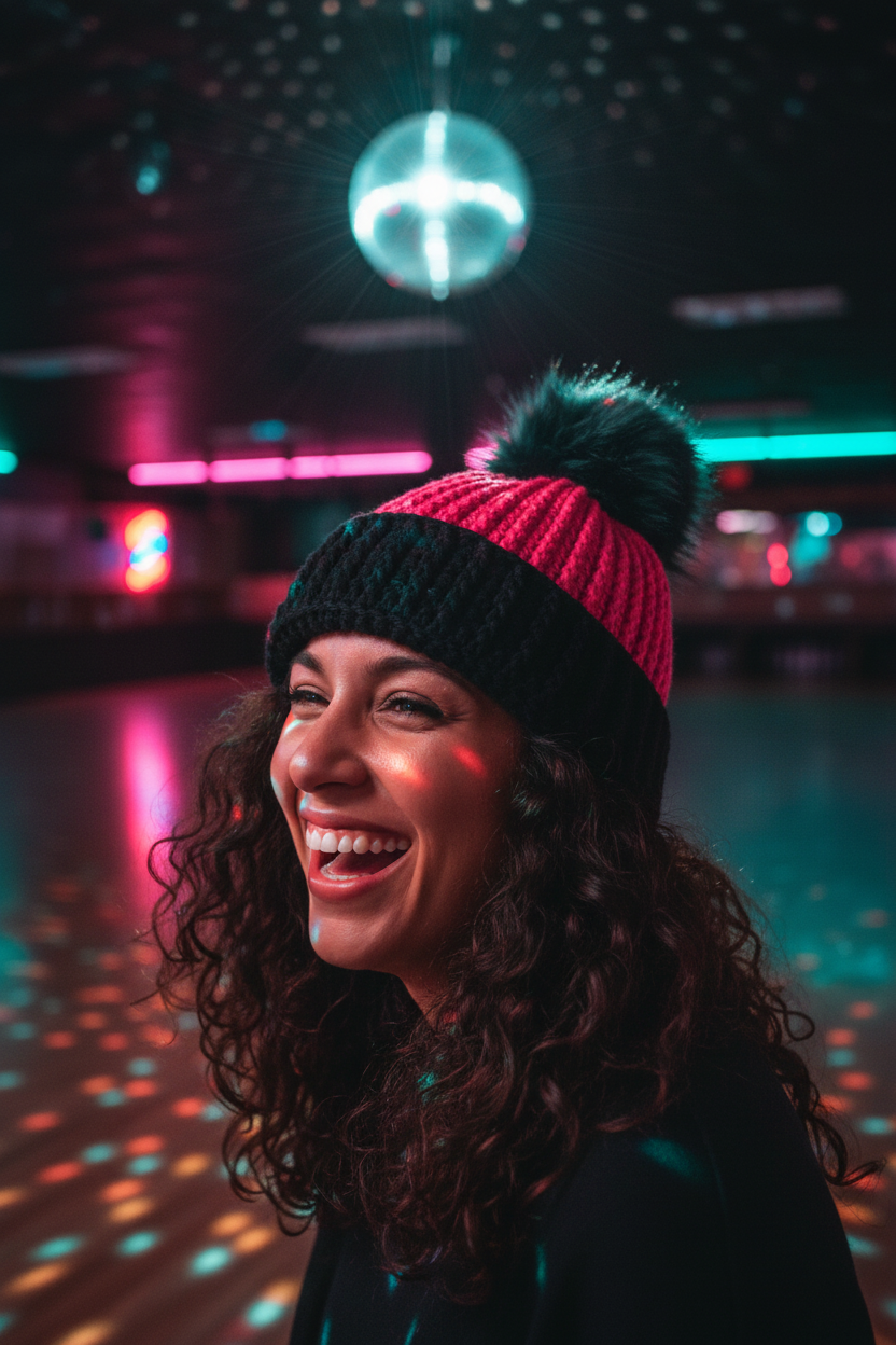 Woman wearing a colorful beanie in a disco setting with vibrant lights.