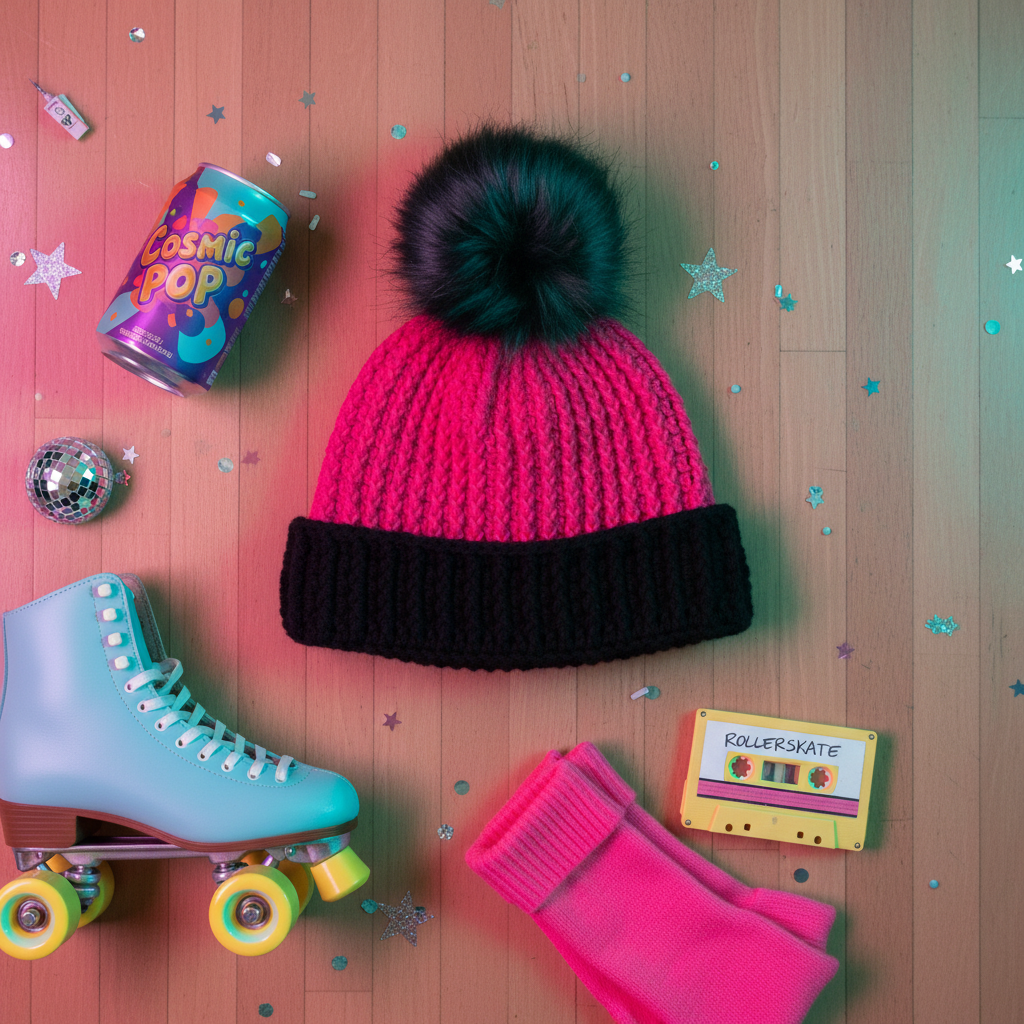 Pink and black crochet hat with a pom-pom, colorful roller skates, and a can of 'Cosmic Pop' on a wooden surface.