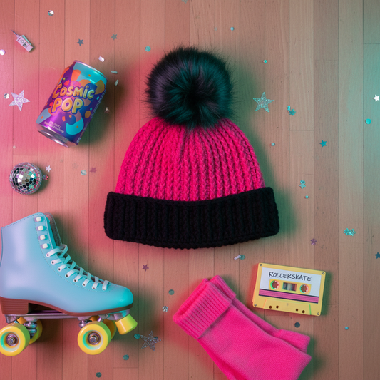 Pink and black crochet hat with a pom-pom, colorful roller skates, and a can of 'Cosmic Pop' on a wooden surface.