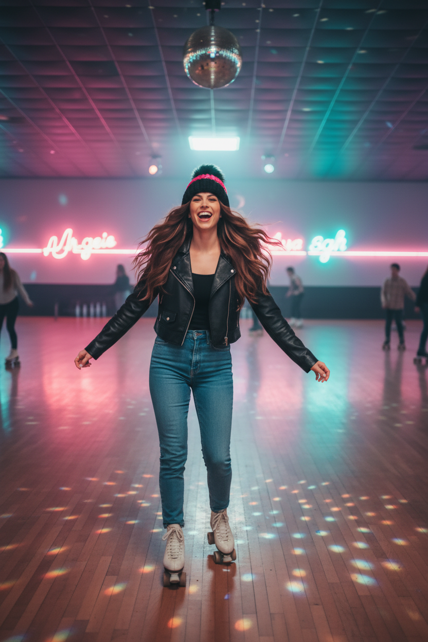 Woman in a leather jacket and jeans skating in a disco-themed indoor rink with neon lights.