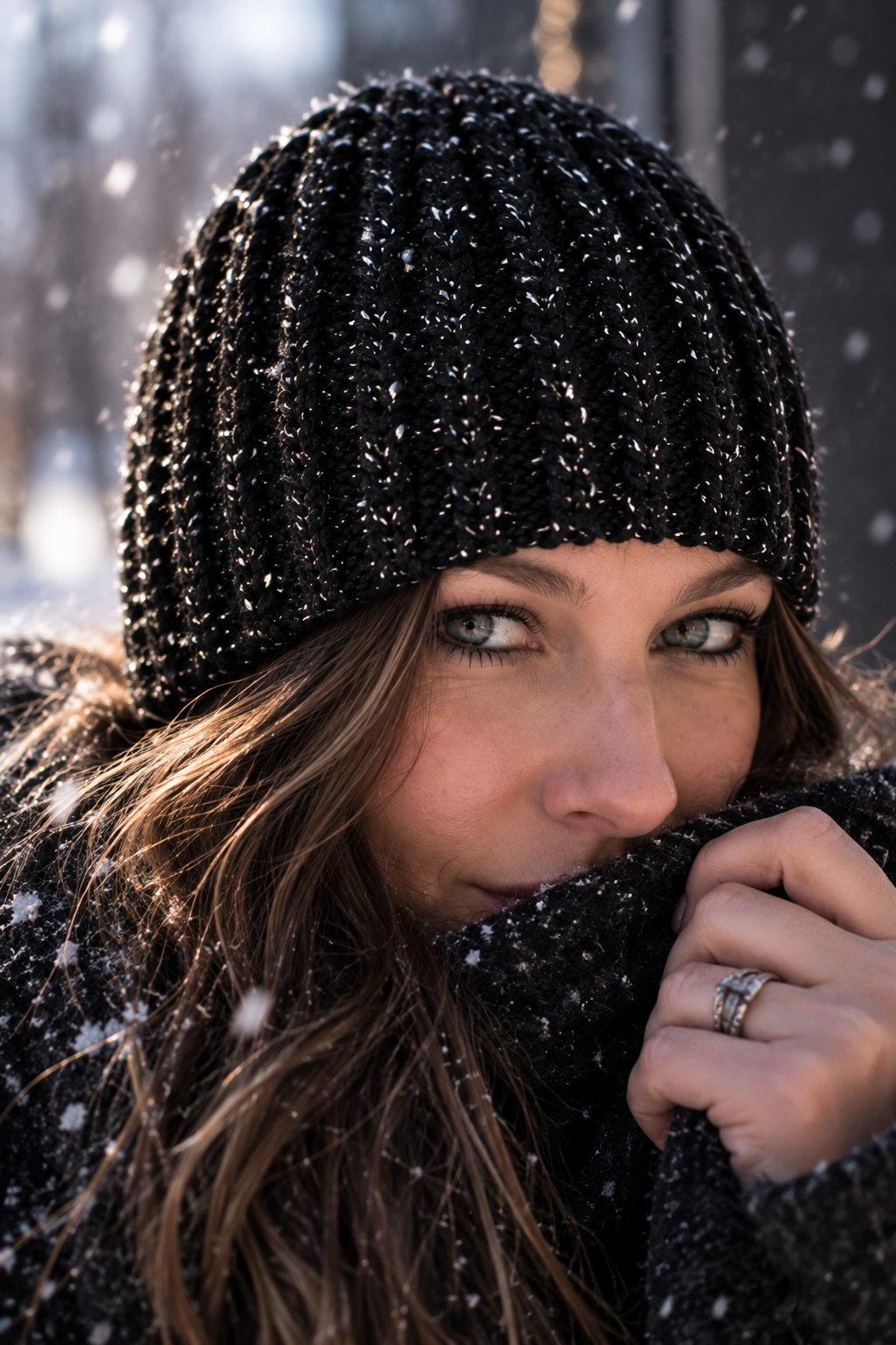 A close-up lifestyle shot of a woman wearing a black textured crochet beanie and matching scarf, bundled up against falling snow.