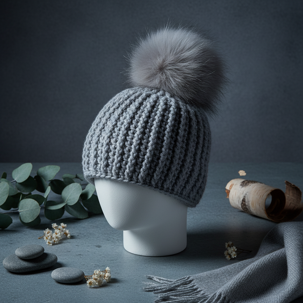Crochet gray beanie with a pom-pom on a mannequin head against a dark background.