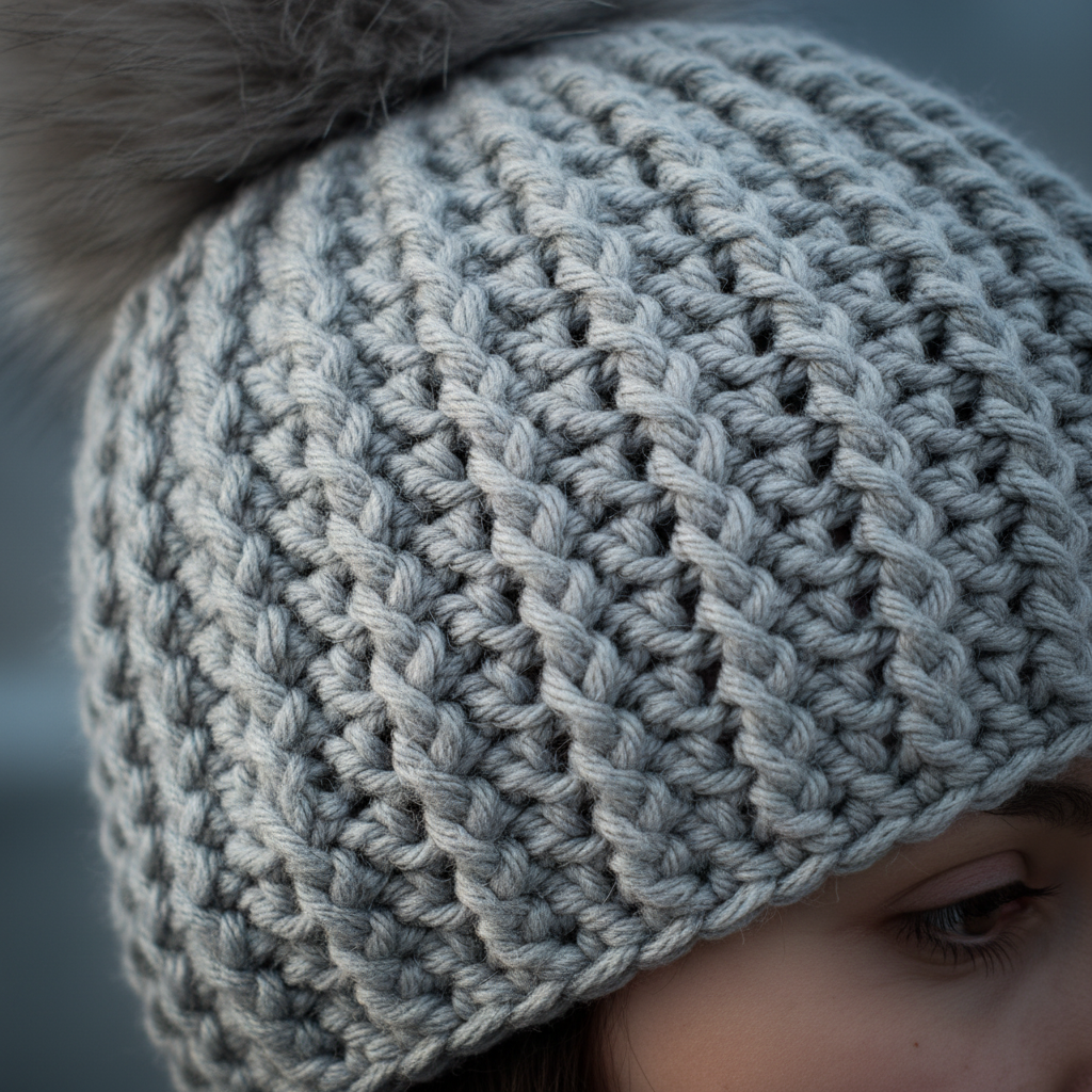 Close-up of a person wearing a textured crochet beanie with a fur pom-pom.