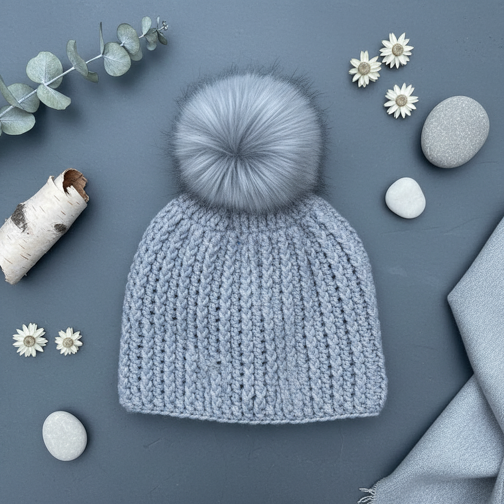 Crochet gray beanie with pom-pom on a blue background with decorative elements.