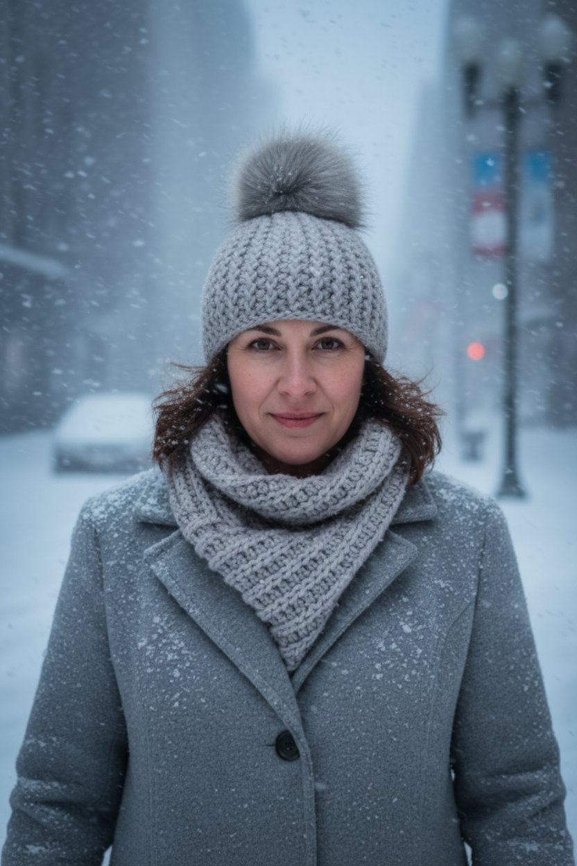 Woman wearing a gray coat, scarf, and beanie with a pom-pom in a snowy street.